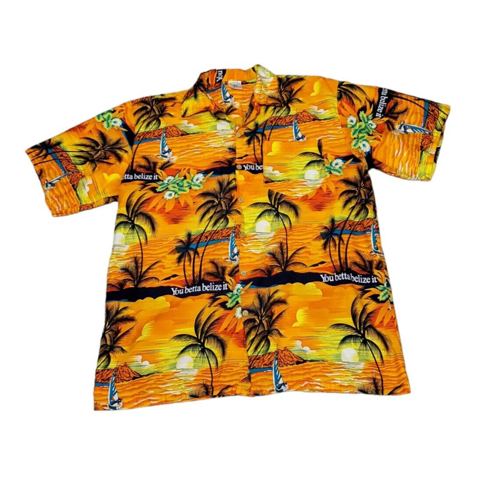 Island Expression You Betta Belize It Hawaiian Shirt Palm Trees Boat Men Sz 2XL